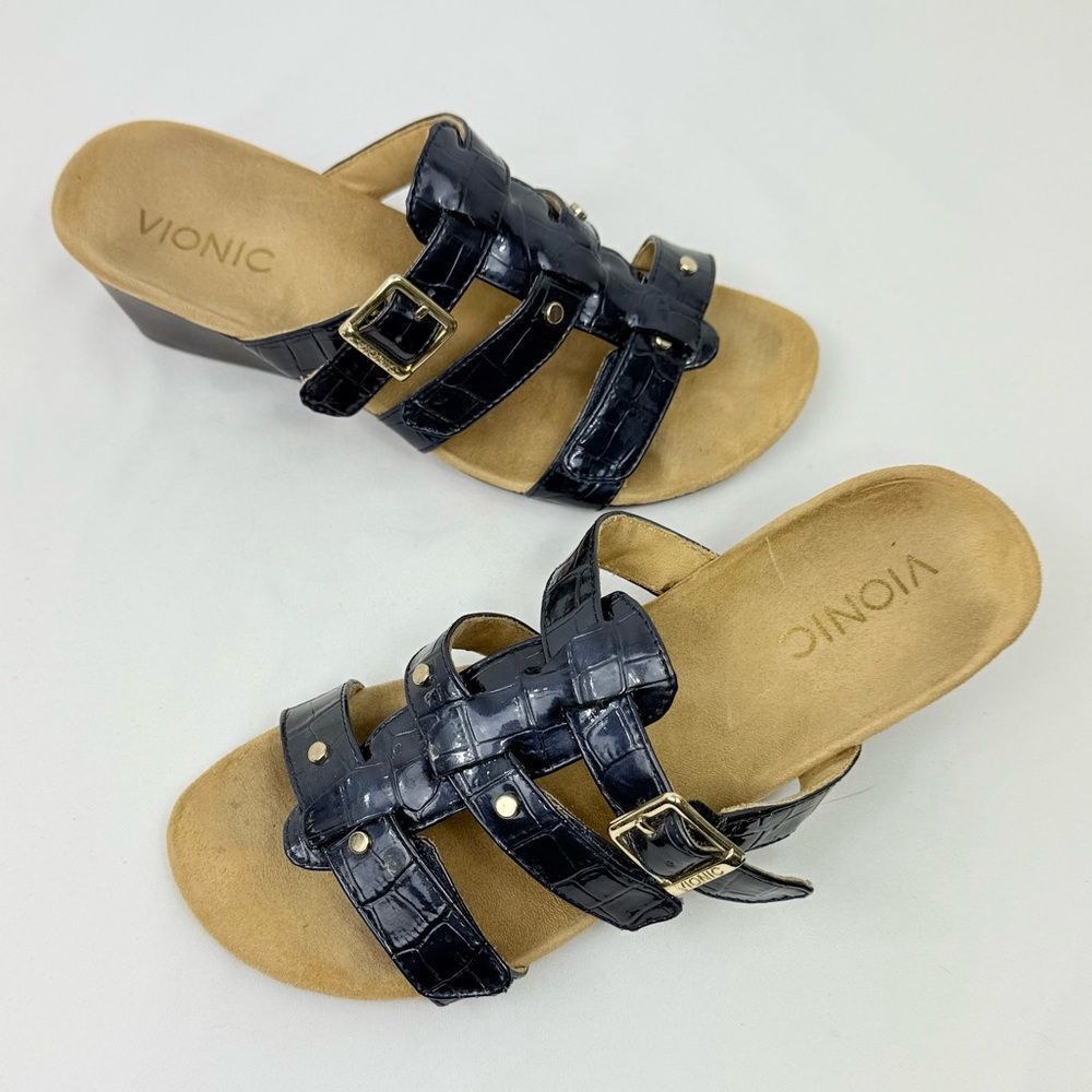 Vionic RADIA Blue Patent Reptile Embossed Triple T Strap Slide Wedge Sandals - Picture 3 of 14